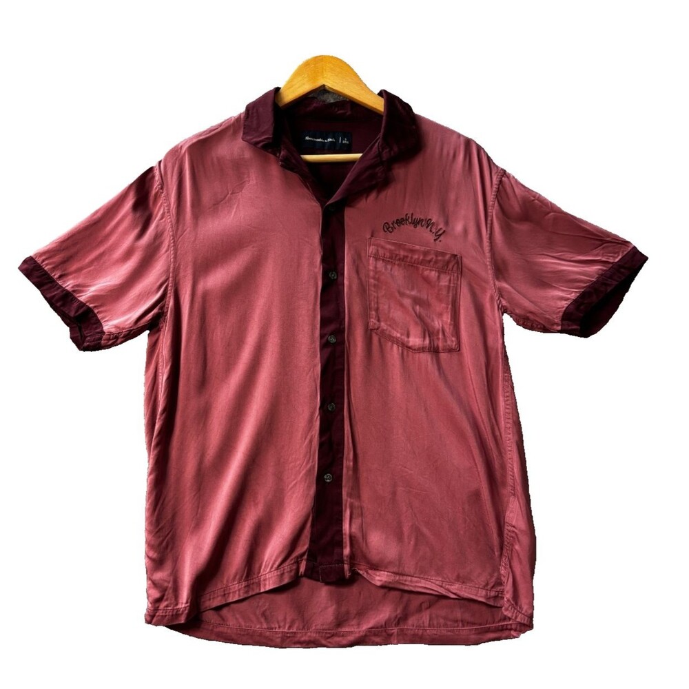 Abercrombie & Fitch Brooklyn NY Camp Shirt Oversized S Pink Burgundy Button Up